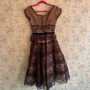 Vintage 50s (?) Handmade Brown Lace and Chiffon Cocktail Dress